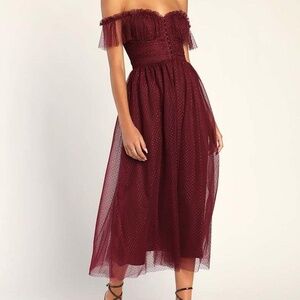 Lulu’s Regal Radiance Burgundy Tulle Bustier Off Should Midi Dress